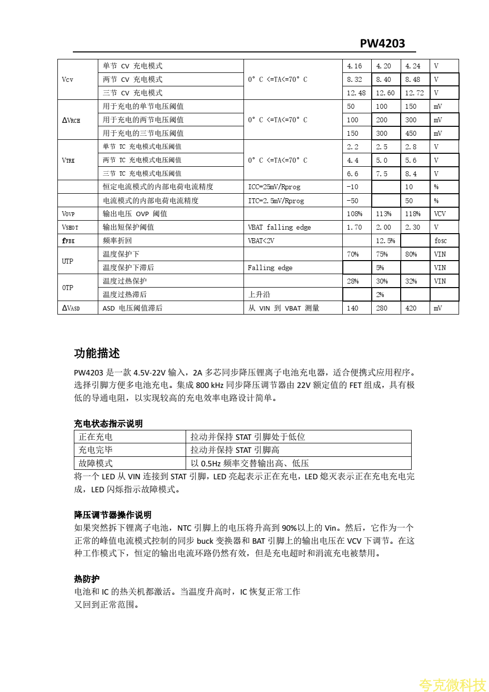 PW4203三節鋰電池12.6V充電芯片規格書