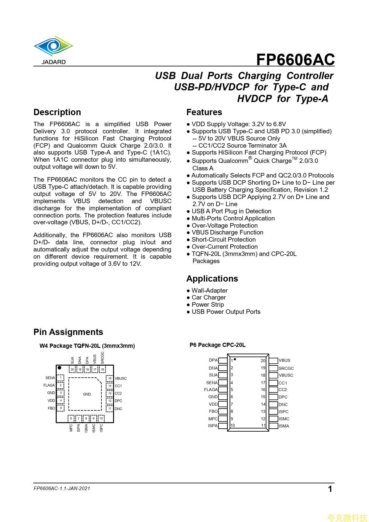 天钰FP6606ACAP6芯片具有VBUS放电功能的特点，原装正品供应 