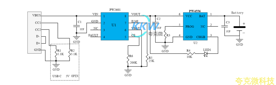 USB 輸入帶過壓關閉， 4.35V/4.2V 很小箇芯片鋰電池 0.3A 充電管理闆