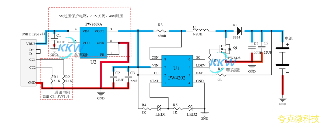 USB C 口輸入含過壓保護,兩節串聯鋰電池充電管理闆 8.4V 1A