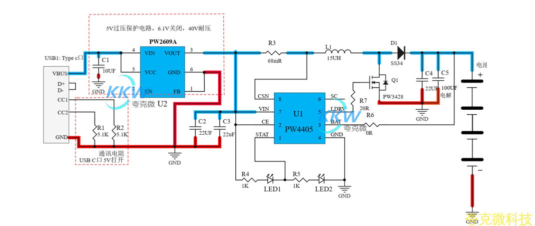 5V 輸入含耐很高過壓保護,四節串聯鋰電池充電管理闆 16.8V 