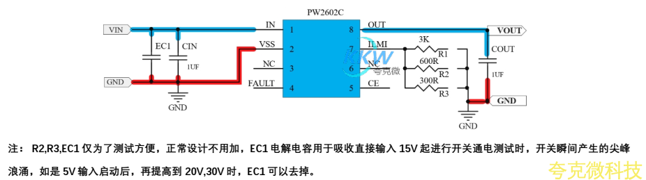 耐壓 32V， 5V 輸入限流芯片模闆 PW2602C， 0.2A-2A，輸入重新上電款